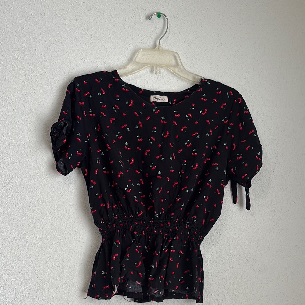 Chic Black and Pink Peplum Blouse with Tie on the sleeves